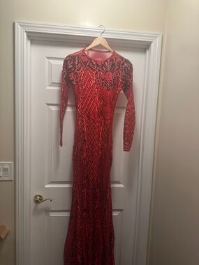 Red Long-Sleeve Sequin Prom Gown